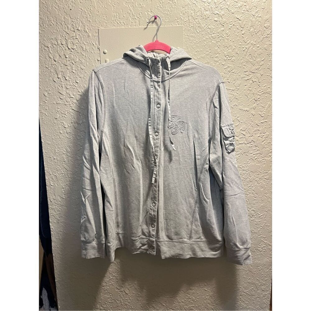 Tommy Hilfiger Grey Snap Button Up Woman’s Hoodie Size 1X -Flaw On Sleeve